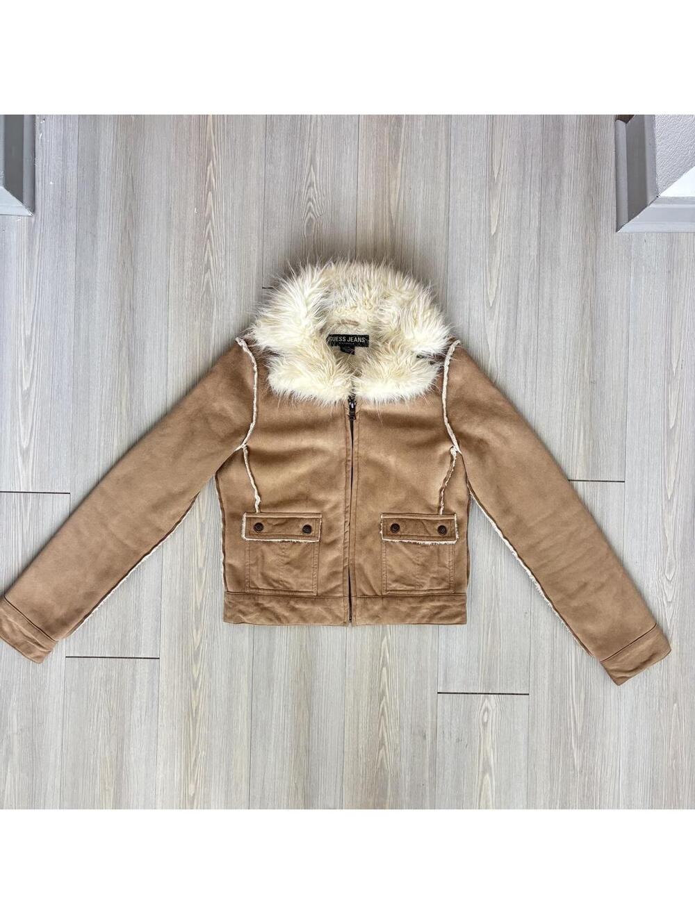 Vintage GUESS Jeans Y2K Faux Suede Shearling Fur Trim Jacket XS Tan Penny Lane